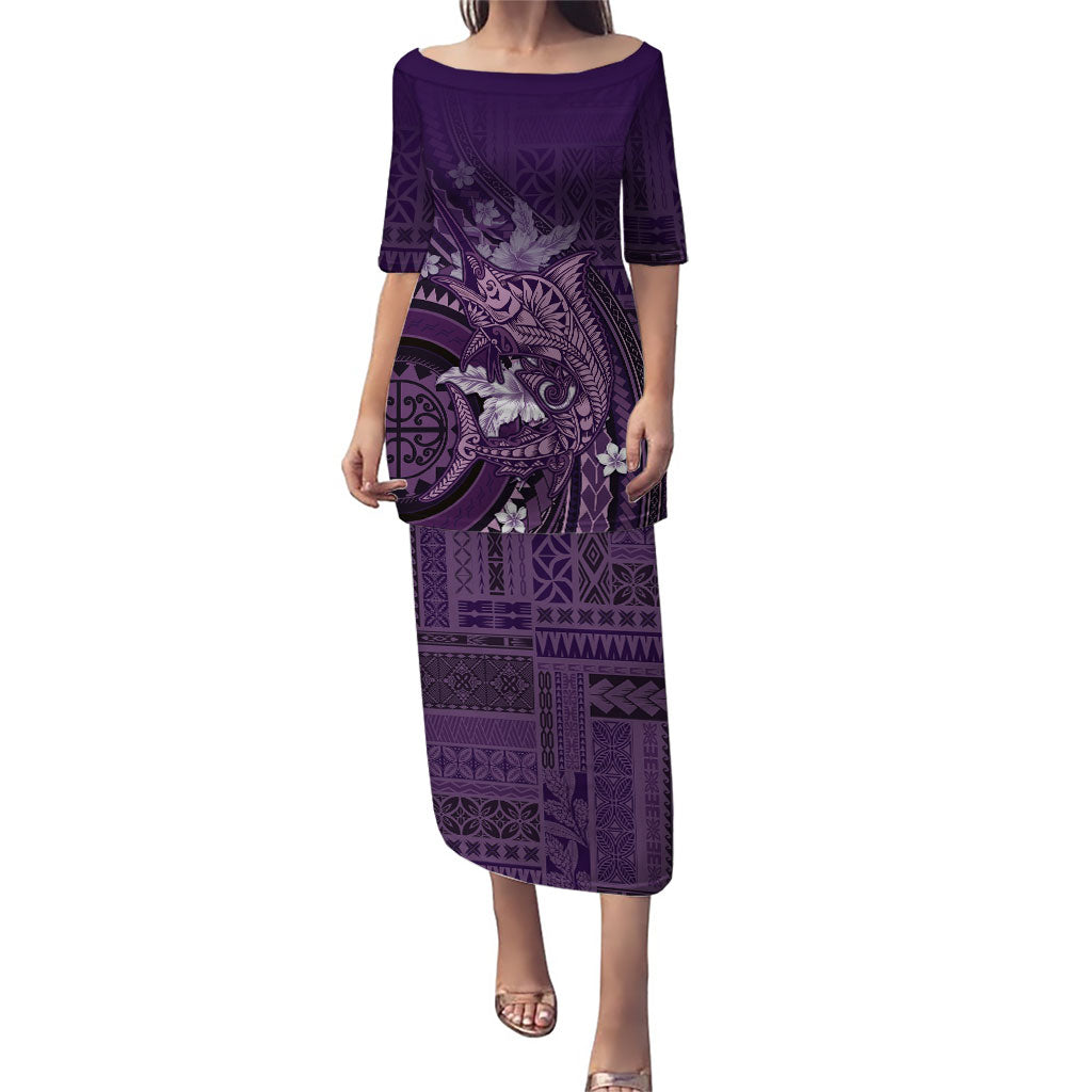 Samoa Tatau Marlin Family Matching Puletasi and Hawaiian Shirt With Siapo Motifs Violet LT05 Mom's Dress Violet - Polynesian Pride