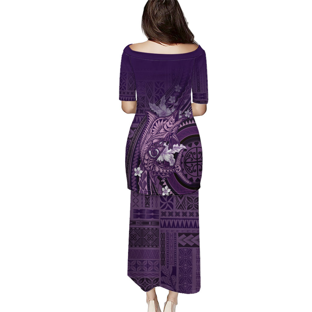 Samoa Tatau Marlin Family Matching Puletasi and Hawaiian Shirt With Siapo Motifs Violet LT05 - Polynesian Pride
