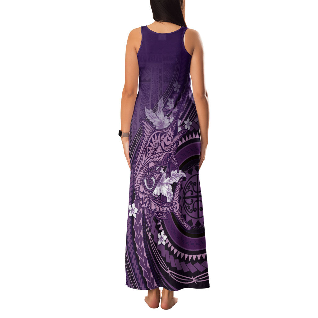 Samoa Tatau Marlin Family Matching Tank Maxi Dress and Hawaiian Shirt With Siapo Motifs Violet