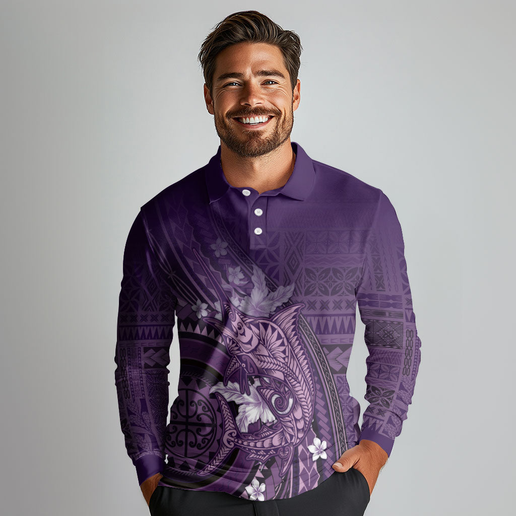 Samoa Tatau Marlin Long Sleeve Polo Shirt With Siapo Motifs Violet