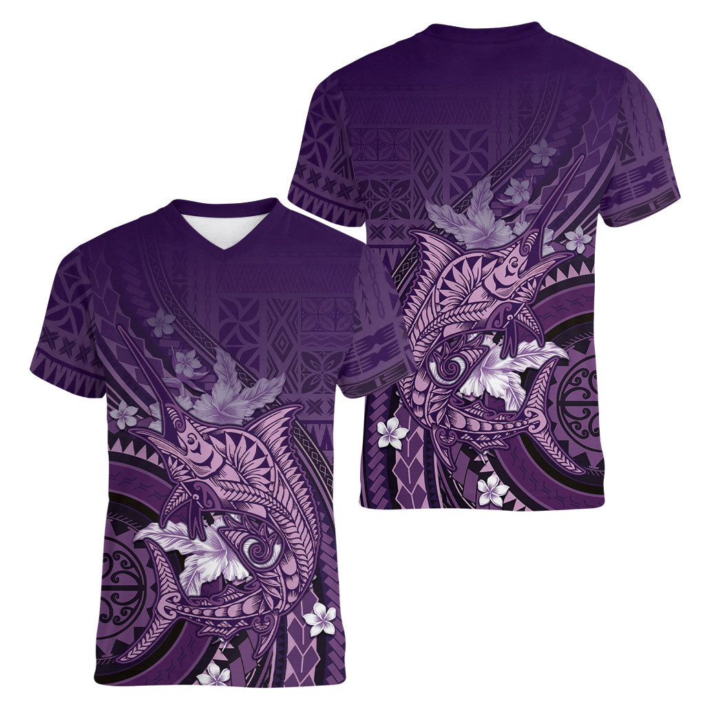 Samoa Tatau Marlin Women V-Neck T-Shirt With Siapo Motifs Violet