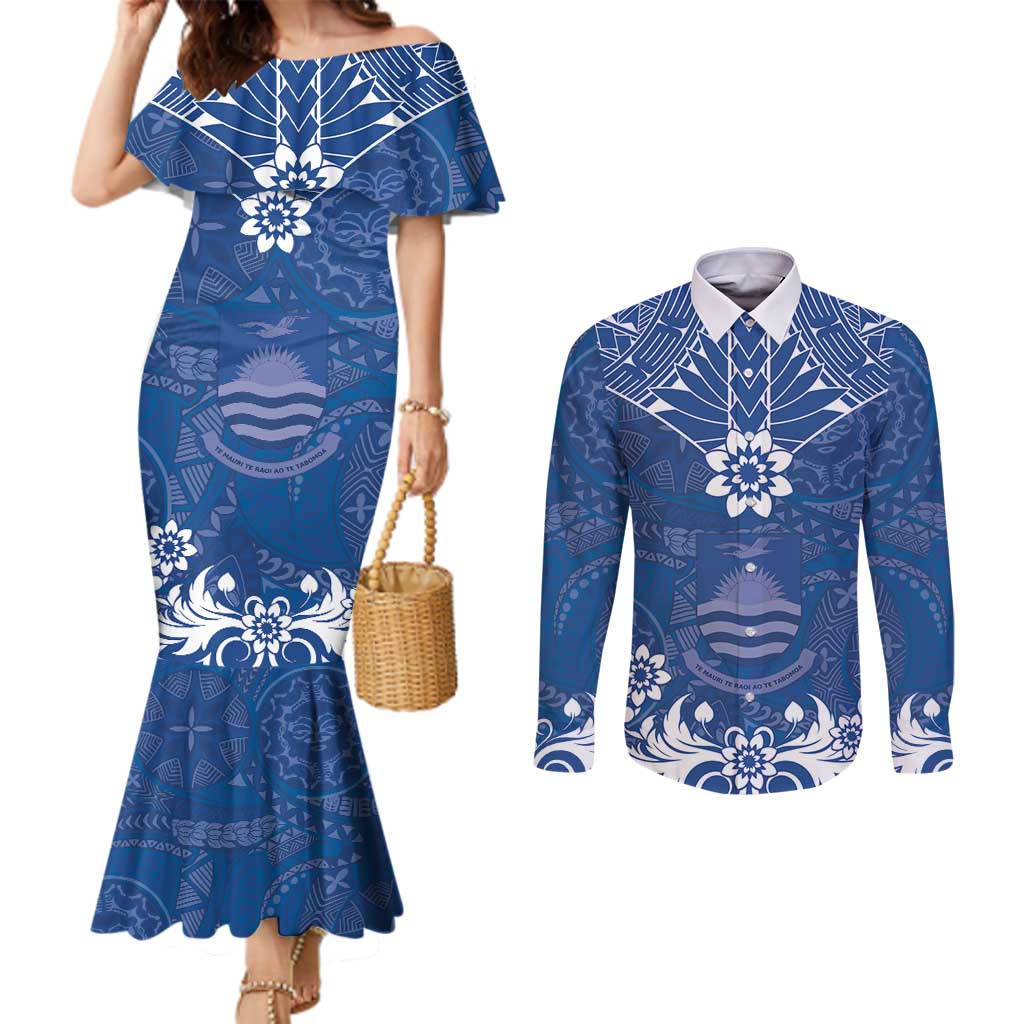 Wikin te Taetae ni Kiribati Couples Matching Mermaid Dress and Long Sleeve Button Shirt Pacific Tapa Pattern LT05 Blue - Polynesian Pride