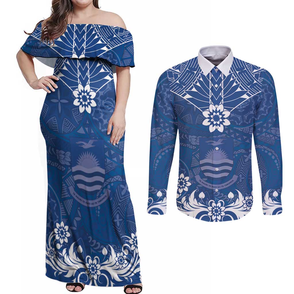 Wikin te Taetae ni Kiribati Couples Matching Off Shoulder Maxi Dress and Long Sleeve Button Shirt Pacific Tapa Pattern LT05 Blue - Polynesian Pride