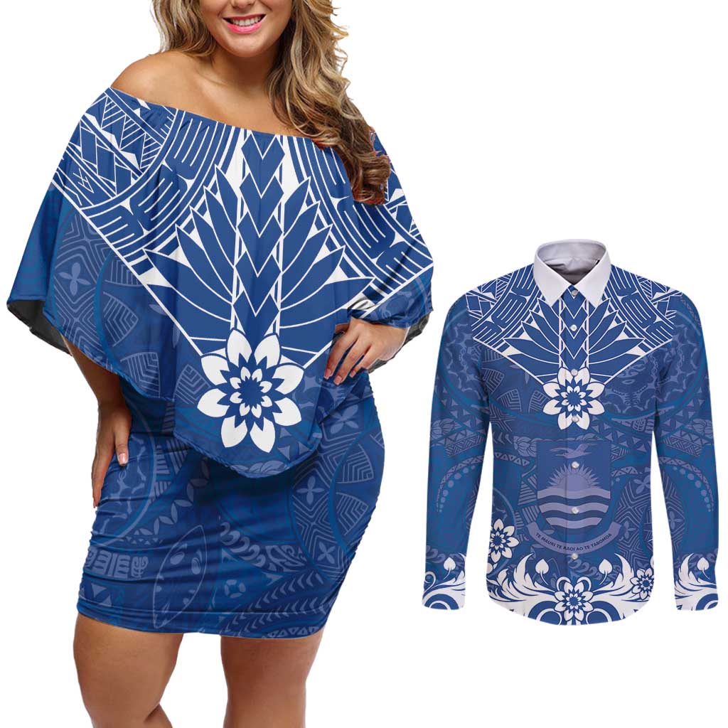 Wikin te Taetae ni Kiribati Couples Matching Off Shoulder Short Dress and Long Sleeve Button Shirt Pacific Tapa Pattern LT05 Blue - Polynesian Pride