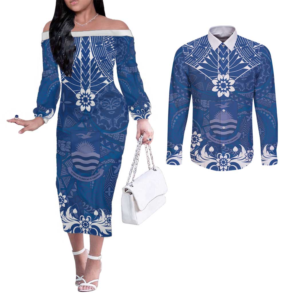 Wikin te Taetae ni Kiribati Couples Matching Off The Shoulder Long Sleeve Dress and Long Sleeve Button Shirt Pacific Tapa Pattern LT05 Blue - Polynesian Pride