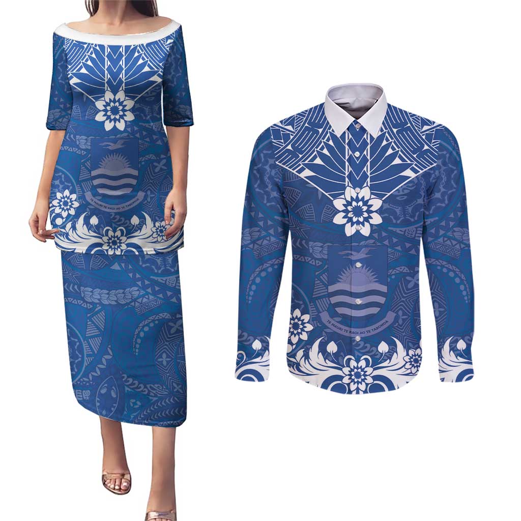 Wikin te Taetae ni Kiribati Couples Matching Puletasi and Long Sleeve Button Shirt Pacific Tapa Pattern LT05 Blue - Polynesian Pride