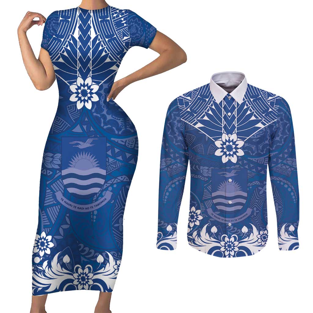 Wikin te Taetae ni Kiribati Couples Matching Short Sleeve Bodycon Dress and Long Sleeve Button Shirt Pacific Tapa Pattern LT05 Blue - Polynesian Pride