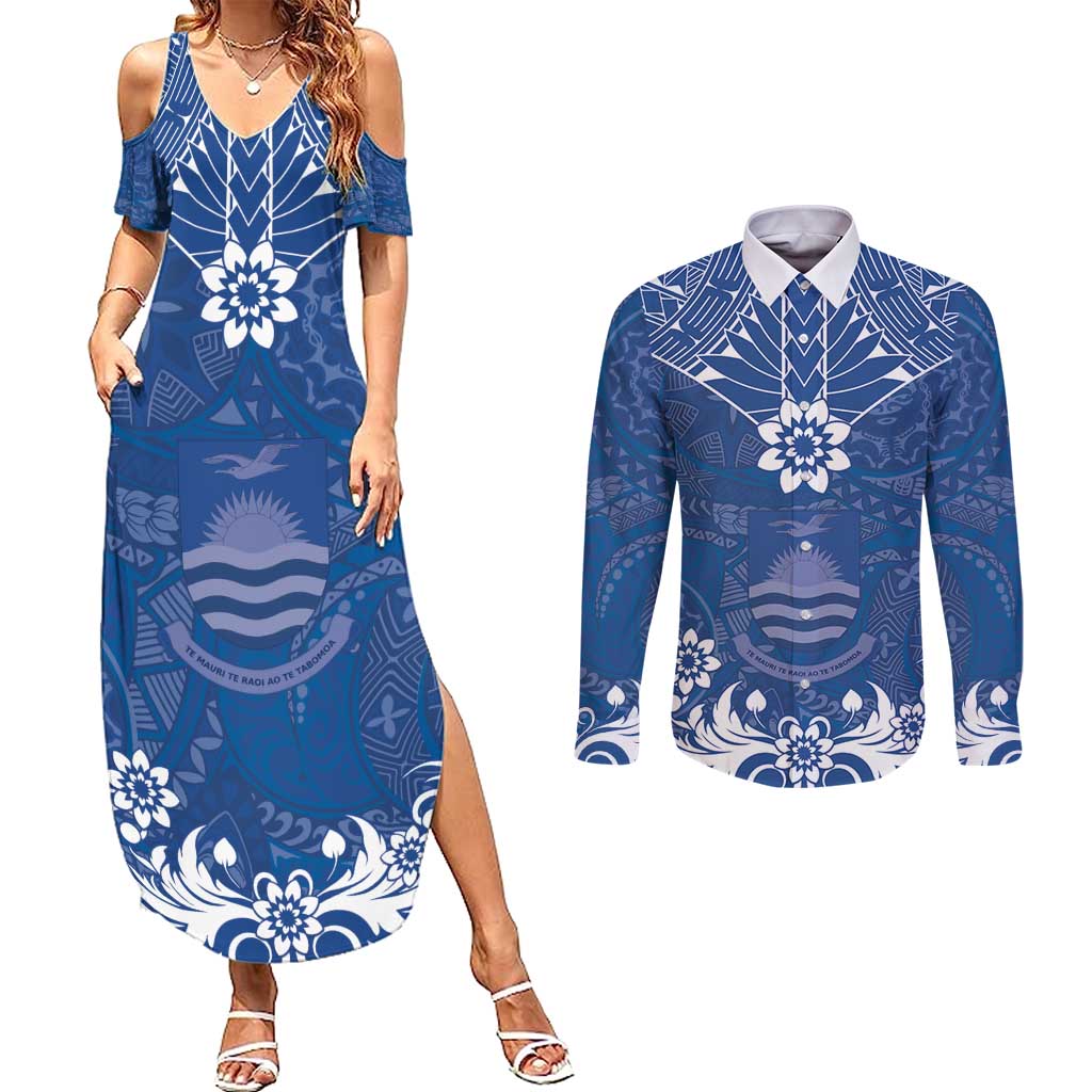 Wikin te Taetae ni Kiribati Couples Matching Summer Maxi Dress and Long Sleeve Button Shirt Pacific Tapa Pattern LT05 Blue - Polynesian Pride