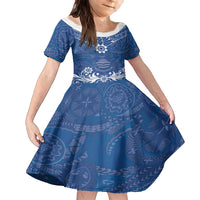 Wikin te Taetae ni Kiribati Family Matching Off Shoulder Maxi Dress and Hawaiian Shirt Pacific Tapa Pattern LT05 Daughter's Dress Blue - Polynesian Pride
