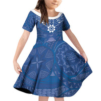 Wikin te Taetae ni Kiribati Family Matching Off Shoulder Short Dress and Hawaiian Shirt Pacific Tapa Pattern LT05 Daughter's Dress Blue - Polynesian Pride