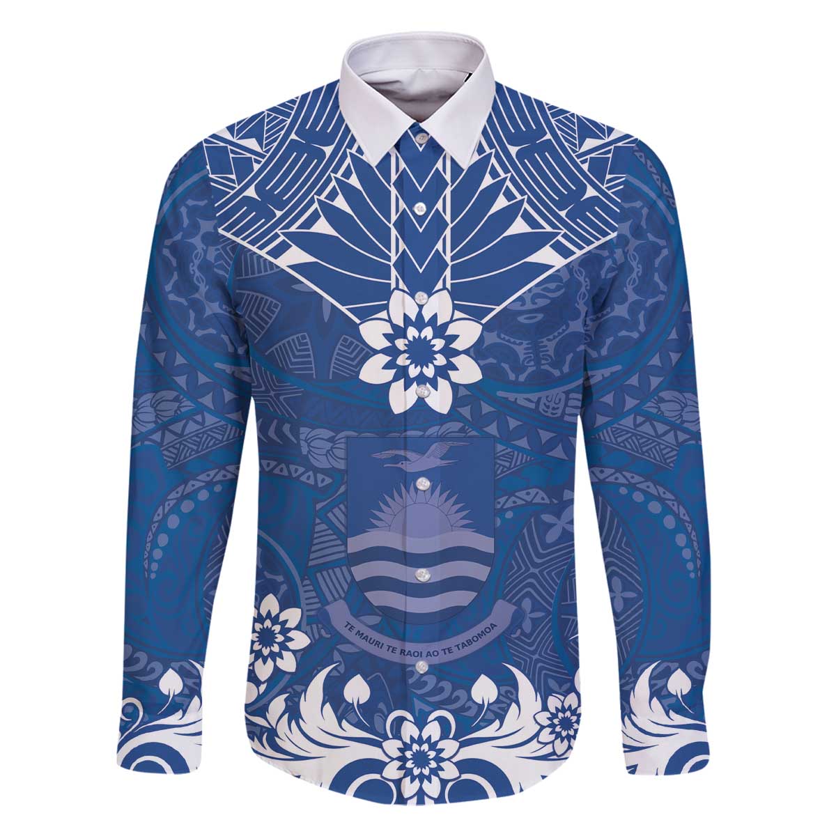 Wikin te Taetae ni Kiribati Family Matching Off Shoulder Short Dress and Hawaiian Shirt Pacific Tapa Pattern LT05 Dad's Shirt - Long Sleeve Blue - Polynesian Pride