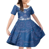 Wikin te Taetae ni Kiribati Family Matching Short Sleeve Bodycon Dress and Hawaiian Shirt Pacific Tapa Pattern LT05 Daughter's Dress Blue - Polynesian Pride