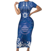 Wikin te Taetae ni Kiribati Family Matching Short Sleeve Bodycon Dress and Hawaiian Shirt Pacific Tapa Pattern LT05 Mom's Dress Blue - Polynesian Pride