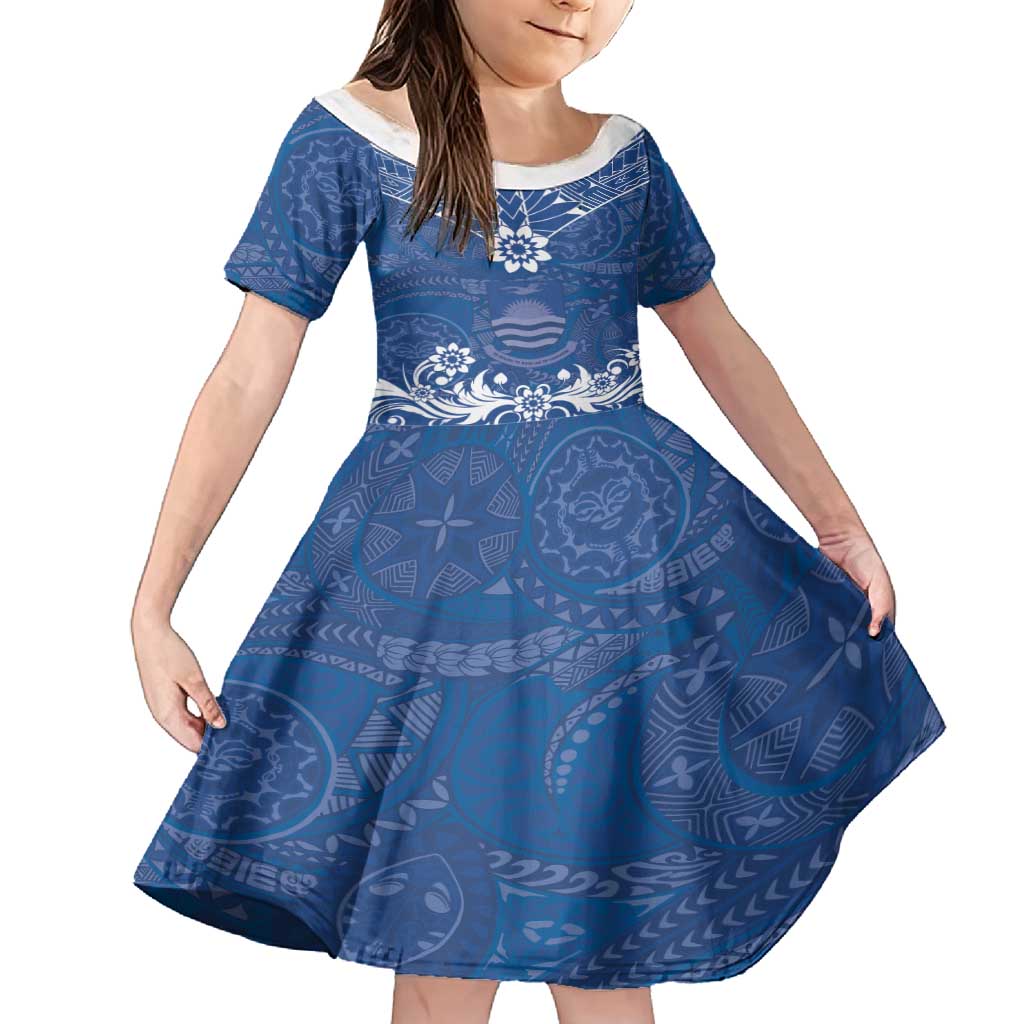 Wikin te Taetae ni Kiribati Family Matching Summer Maxi Dress and Hawaiian Shirt Pacific Tapa Pattern LT05 Daughter's Dress Blue - Polynesian Pride