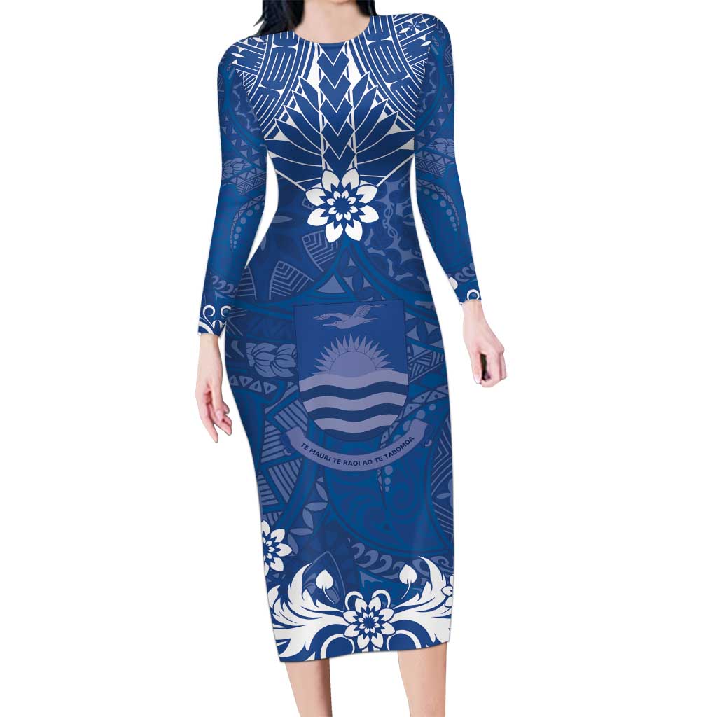 Wikin te Taetae ni Kiribati Long Sleeve Bodycon Dress Pacific Tapa Pattern LT05 Long Dress Blue - Polynesian Pride