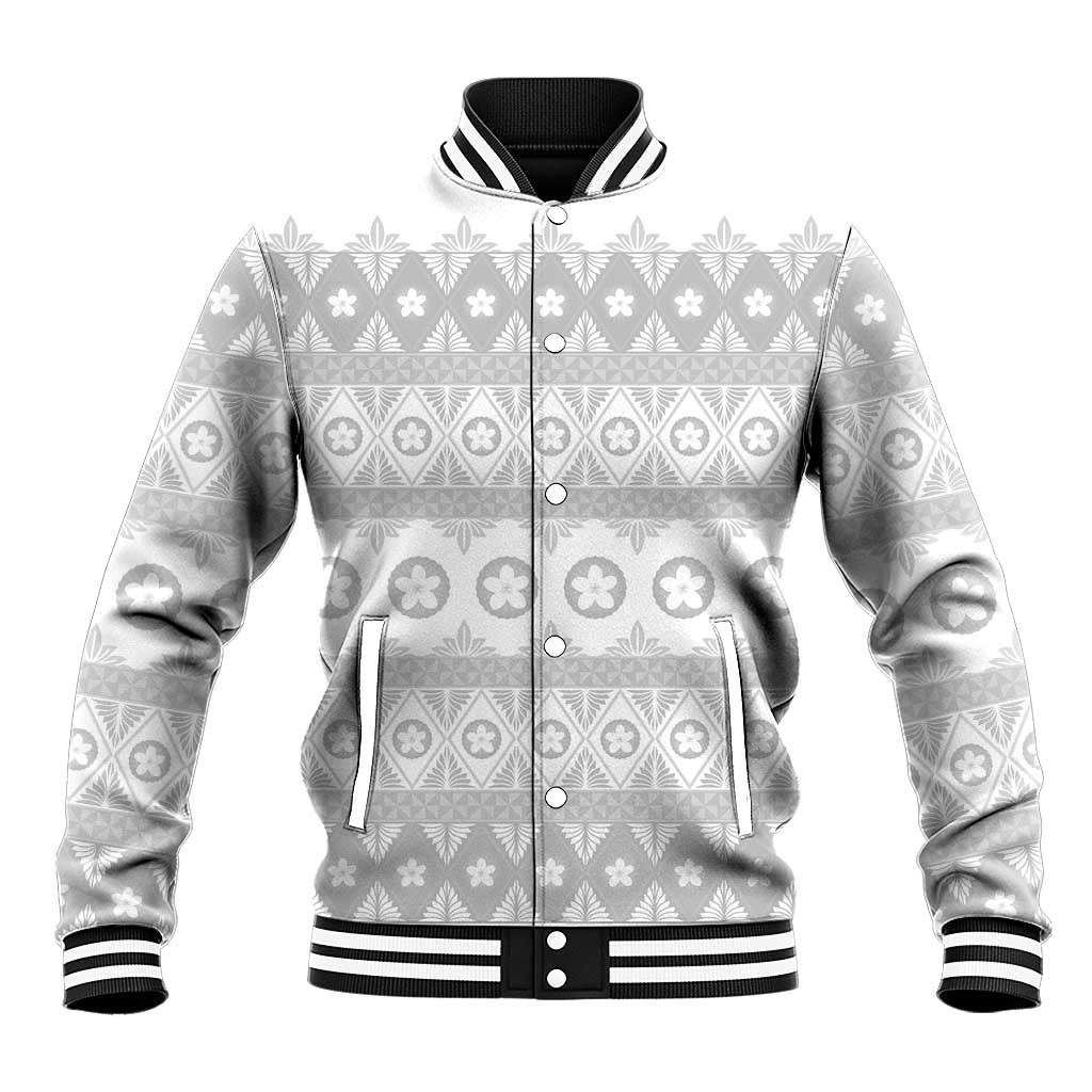 Tonga White Sunday Baseball Jacket Tongan Ngatu Siale Pattern - Polynesian Pride