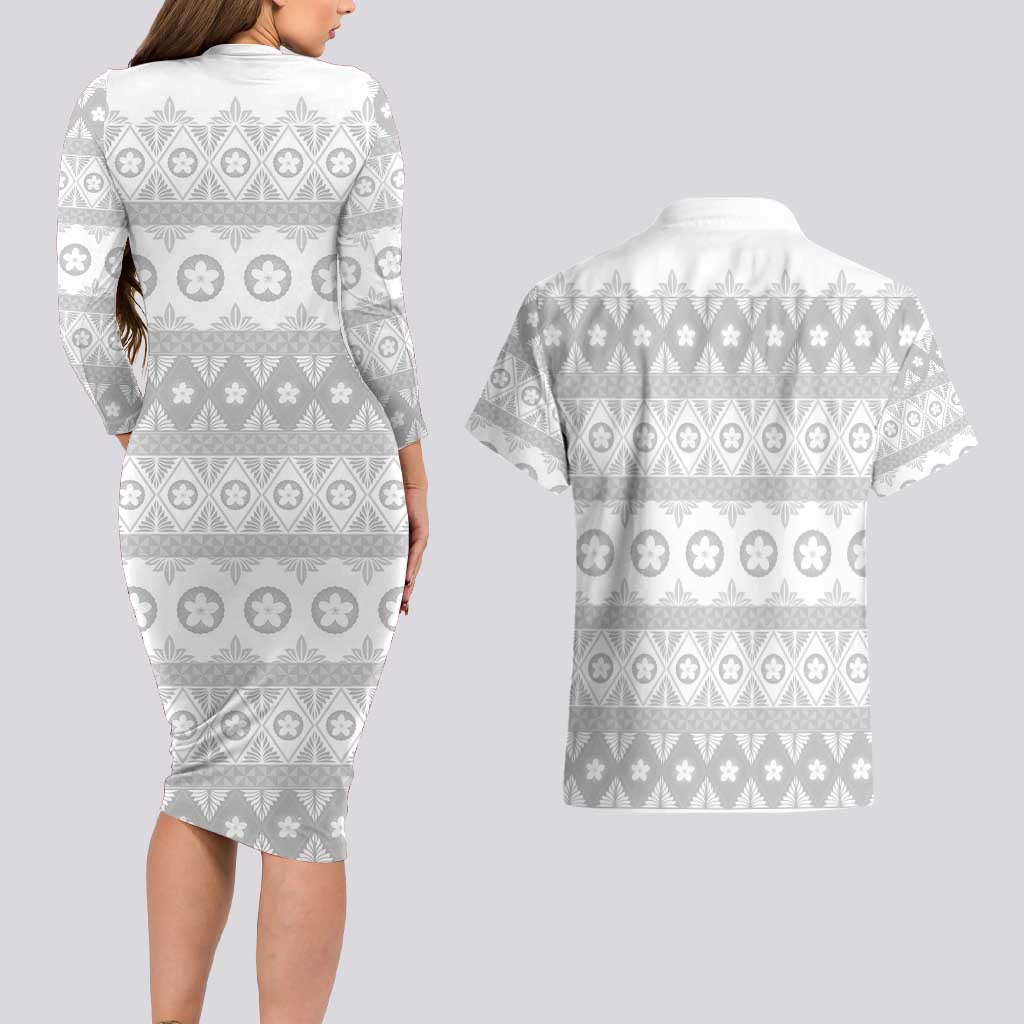 Tonga White Sunday Couples Matching Long Sleeve Bodycon Dress and Hawaiian Shirt Tongan Ngatu Siale Pattern - Polynesian Pride
