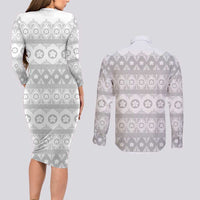 Tonga White Sunday Couples Matching Long Sleeve Bodycon Dress and Long Sleeve Button Shirt Tongan Ngatu Siale Pattern - Polynesian Pride