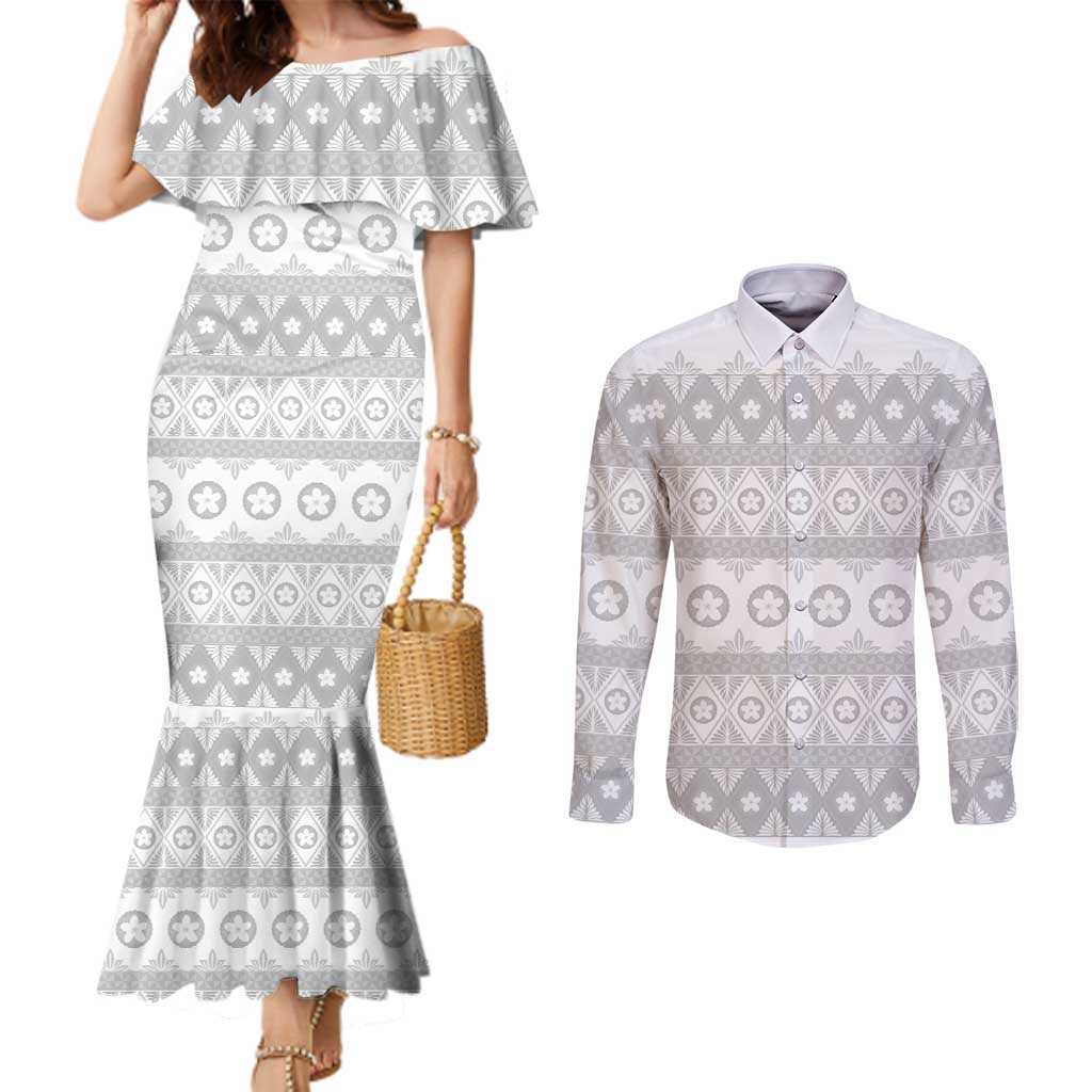 Tonga White Sunday Couples Matching Mermaid Dress and Long Sleeve Button Shirt Tongan Ngatu Siale Pattern - Polynesian Pride