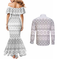 Tonga White Sunday Couples Matching Mermaid Dress and Long Sleeve Button Shirt Tongan Ngatu Siale Pattern - Polynesian Pride