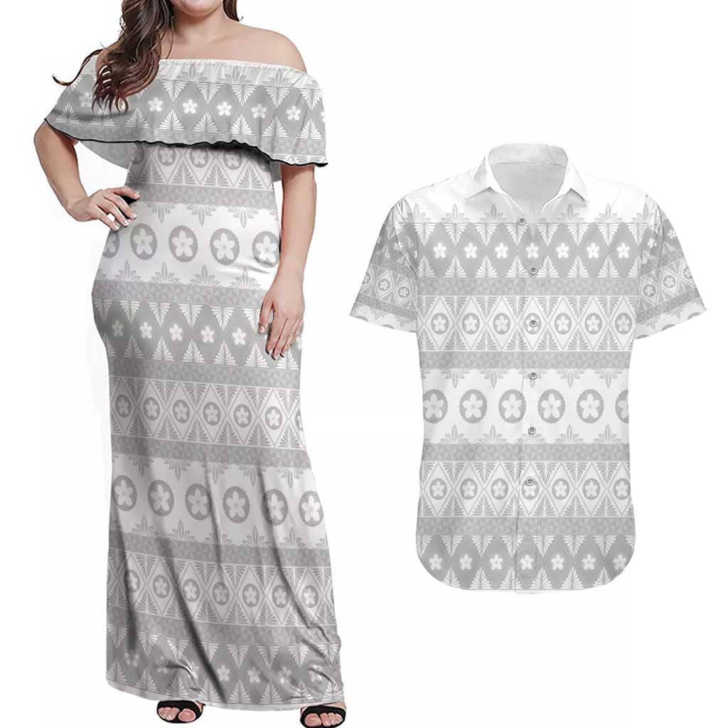 Tonga White Sunday Couples Matching Off Shoulder Maxi Dress and Hawaiian Shirt Tongan Ngatu Siale Pattern - Polynesian Pride
