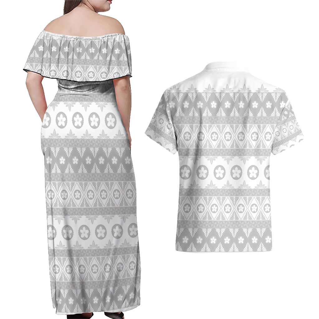 Tonga White Sunday Couples Matching Off Shoulder Maxi Dress and Hawaiian Shirt Tongan Ngatu Siale Pattern - Polynesian Pride