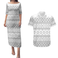 Tonga White Sunday Couples Matching Puletasi and Hawaiian Shirt Tongan Ngatu Siale Pattern - Polynesian Pride