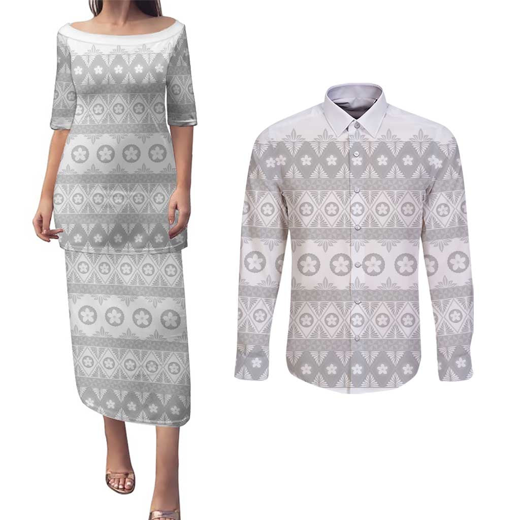 Tonga White Sunday Couples Matching Puletasi and Long Sleeve Button Shirt Tongan Ngatu Siale Pattern - Polynesian Pride