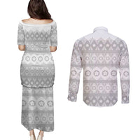 Tonga White Sunday Couples Matching Puletasi and Long Sleeve Button Shirt Tongan Ngatu Siale Pattern - Polynesian Pride