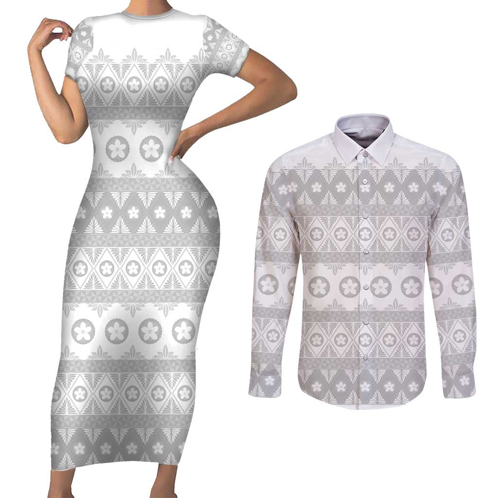 Tonga White Sunday Couples Matching Short Sleeve Bodycon Dress and Long Sleeve Button Shirt Tongan Ngatu Siale Pattern - Polynesian Pride