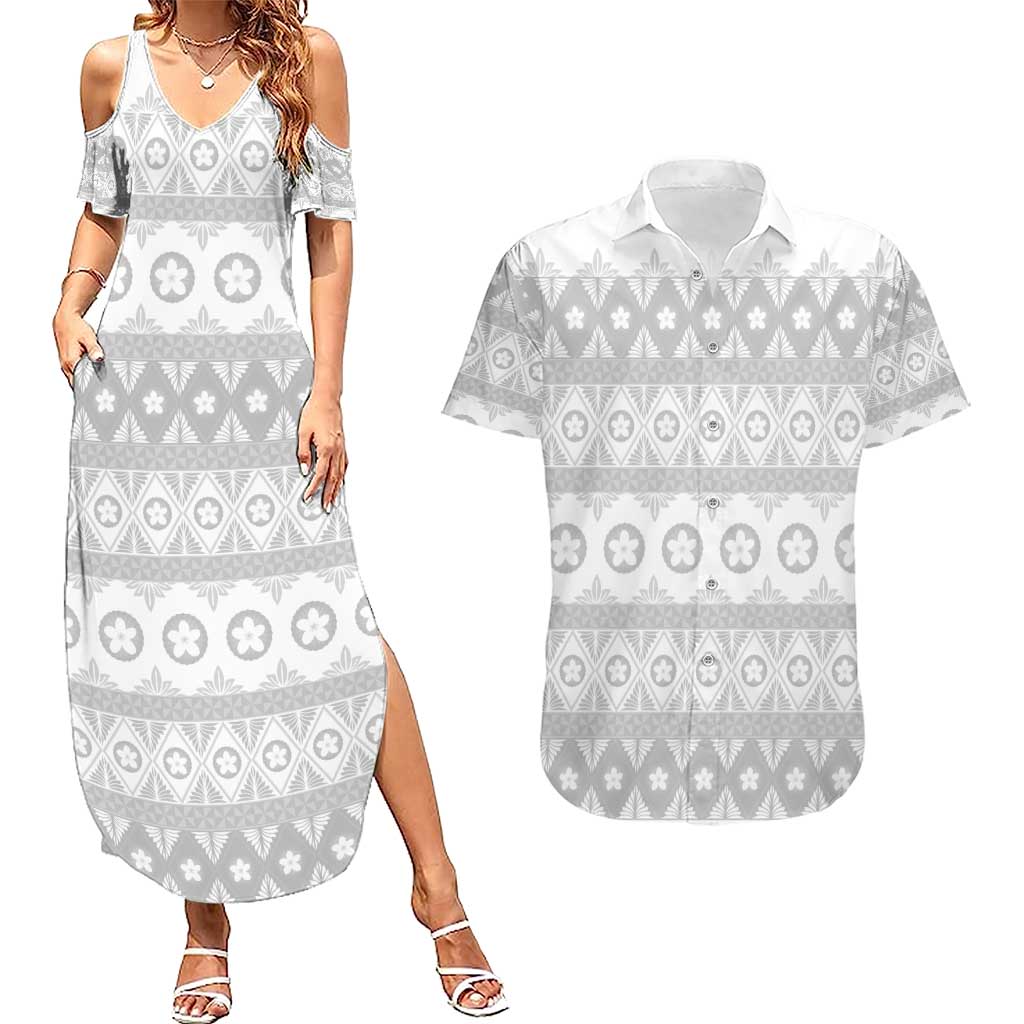 Tonga White Sunday Couples Matching Summer Maxi Dress and Hawaiian Shirt Tongan Ngatu Siale Pattern - Polynesian Pride