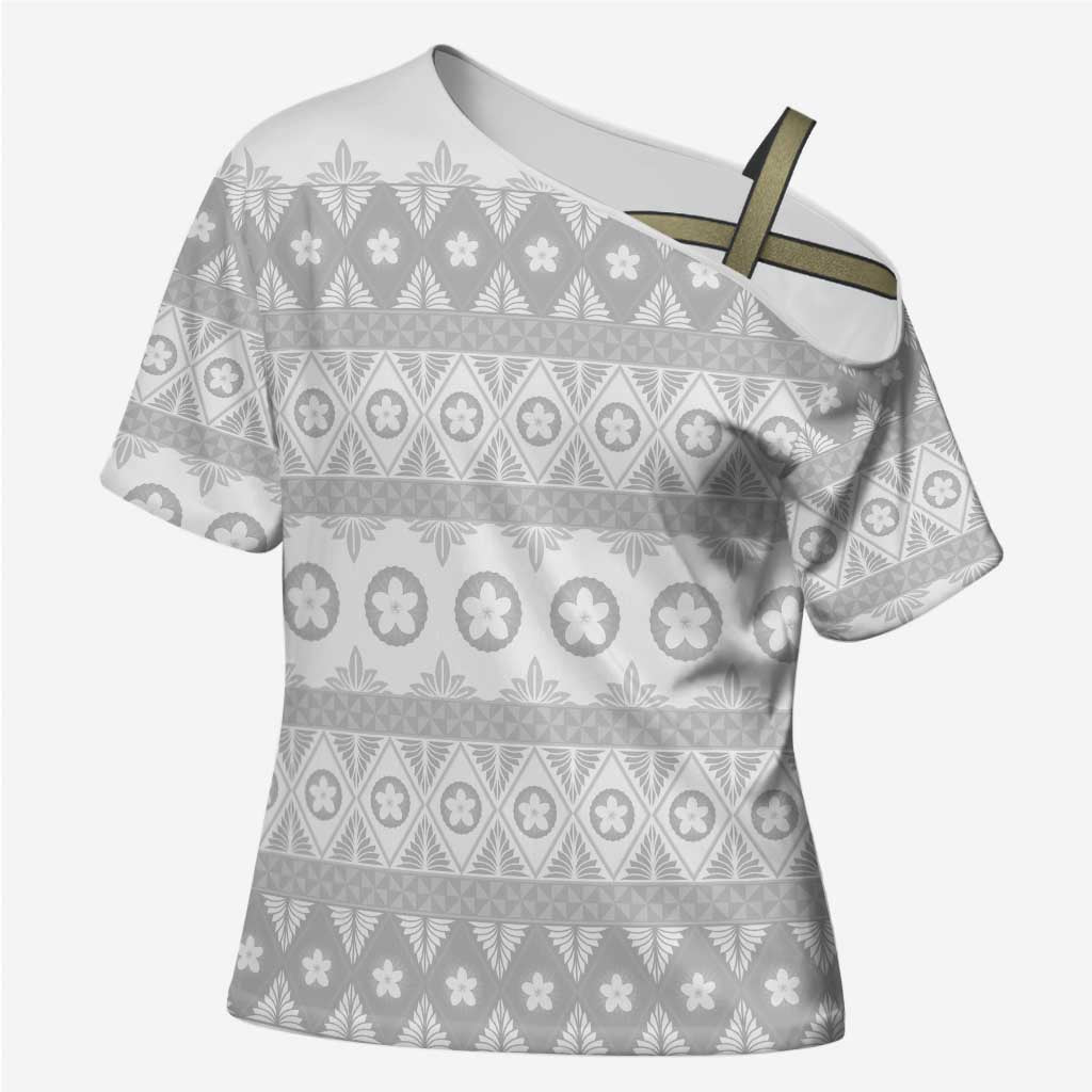 Tonga White Sunday Cross Shoulder Shirt Tongan Ngatu Siale Pattern - Polynesian Pride