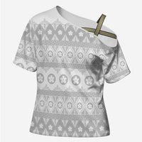 Tonga White Sunday Cross Shoulder Shirt Tongan Ngatu Siale Pattern - Polynesian Pride