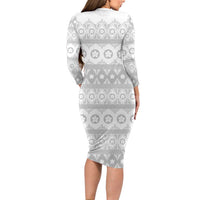 Tonga White Sunday Long Sleeve Bodycon Dress Tongan Ngatu Siale Pattern - Polynesian Pride