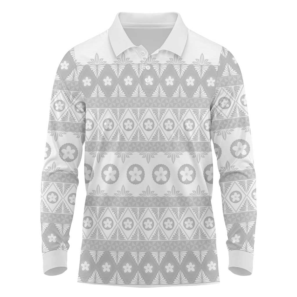 Tonga White Sunday Long Sleeve Polo Shirt Tongan Ngatu Siale Pattern - Polynesian Pride