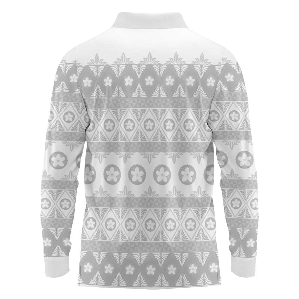 Tonga White Sunday Long Sleeve Polo Shirt Tongan Ngatu Siale Pattern - Polynesian Pride