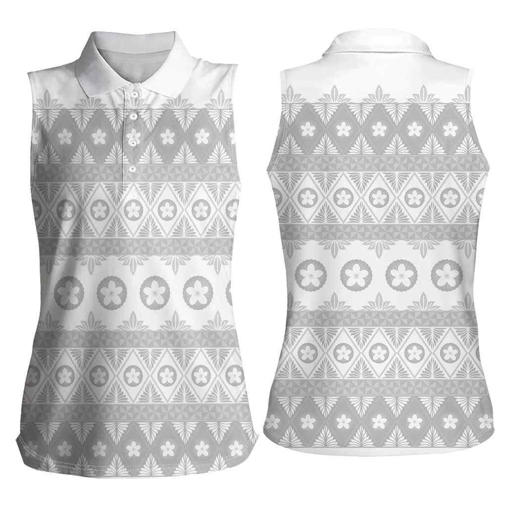 Tonga White Sunday Women Sleeveless Polo Shirt Tongan Ngatu Siale Pattern - Polynesian Pride