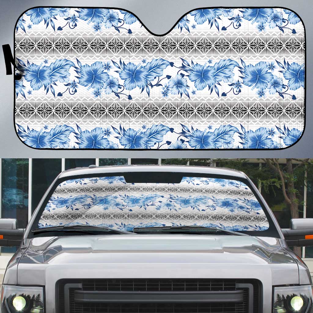 Samoa White Sunday Auto Sun Shade Samoan Tapa Blue Hibiscus - Polynesian Pride