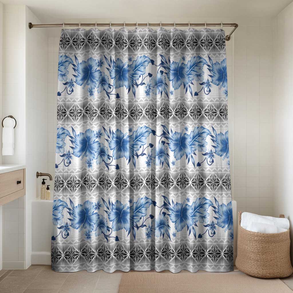 Samoa White Sunday Bathroom Set Samoan Tapa Blue Hibiscus - Polynesian Pride