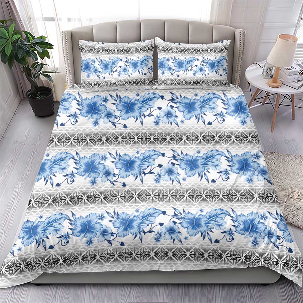 Samoa White Sunday Bedding Set Samoan Tapa Blue Hibiscus - Polynesian Pride