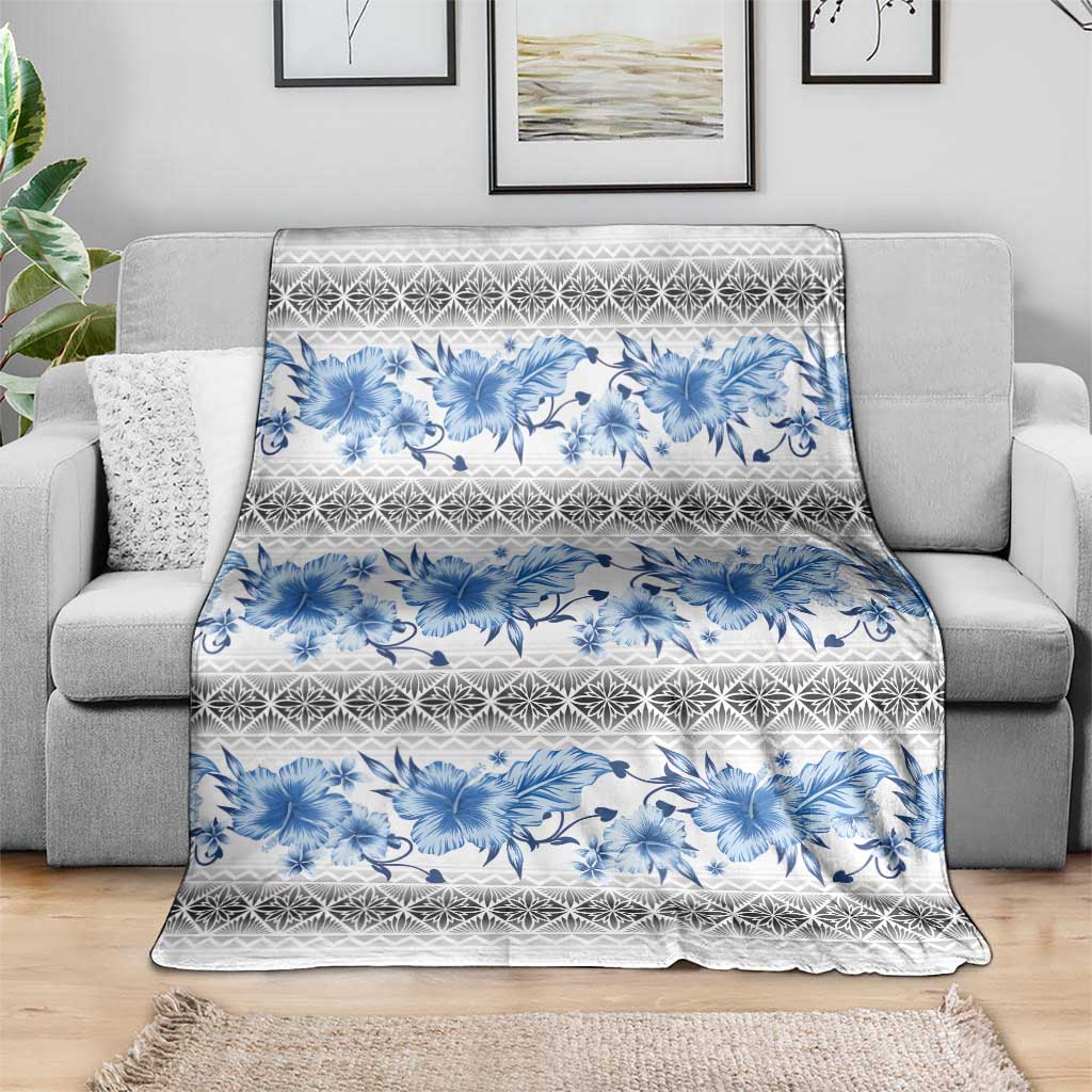 Samoa White Sunday Blanket Samoan Tapa Blue Hibiscus - Polynesian Pride