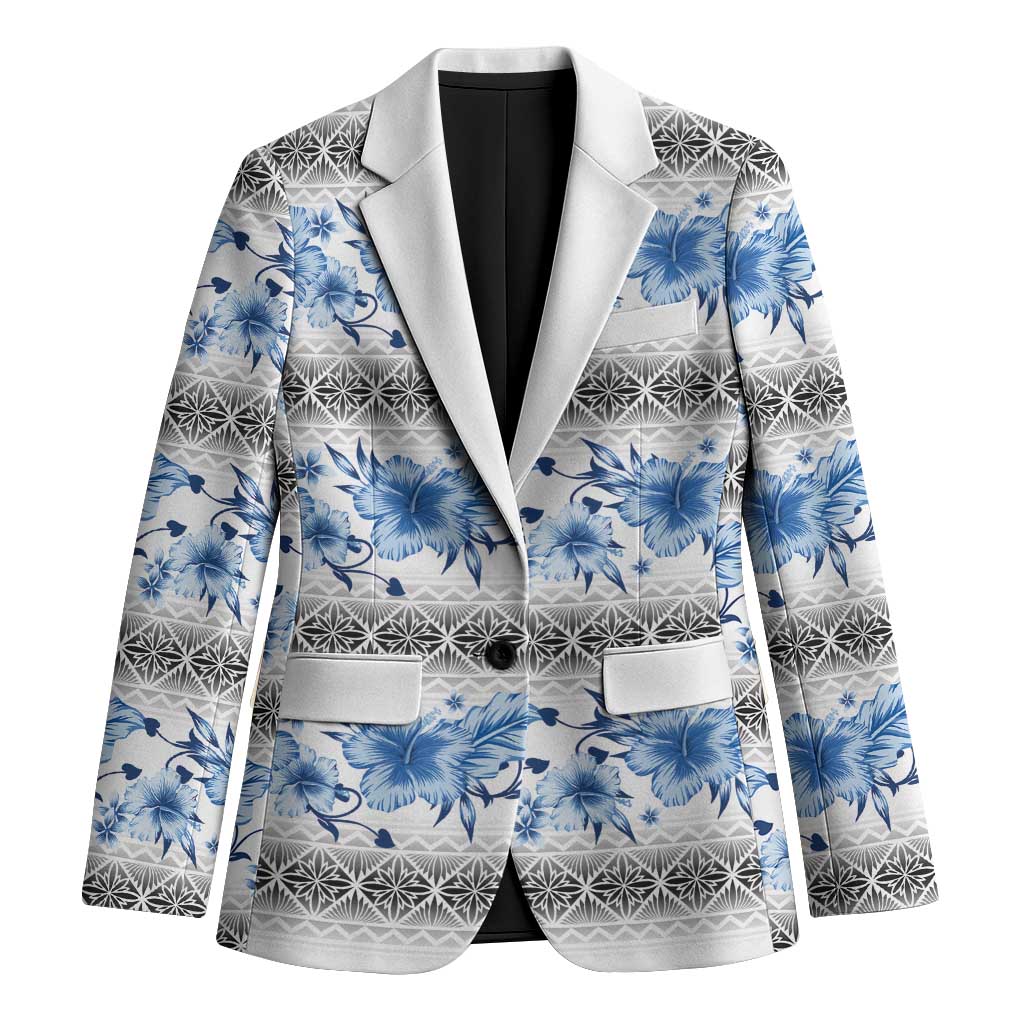Samoa White Sunday Blazer Samoan Tapa Blue Hibiscus - Polynesian Pride