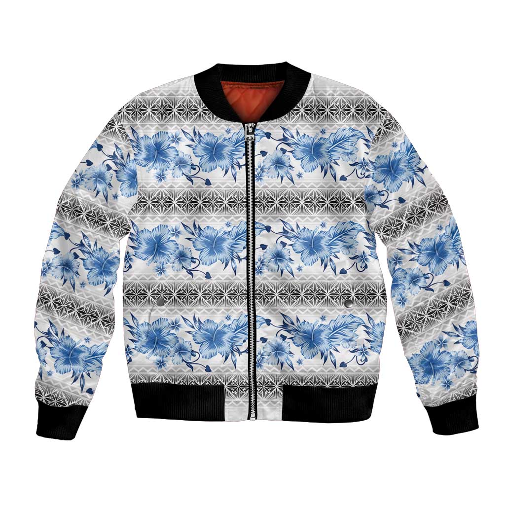 Samoa White Sunday Bomber Jacket Samoan Tapa Blue Hibiscus - Polynesian Pride