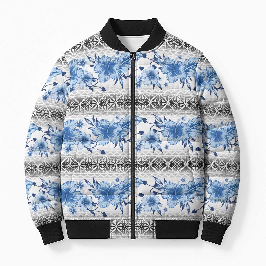 Samoa White Sunday Bomber Puffer Jacket Samoan Tapa Blue Hibiscus - Polynesian Pride