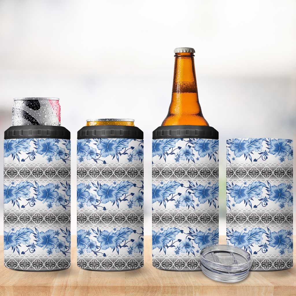 Samoa White Sunday 4 in 1 Can Cooler Tumbler Samoan Tapa Blue Hibiscus - Polynesian Pride