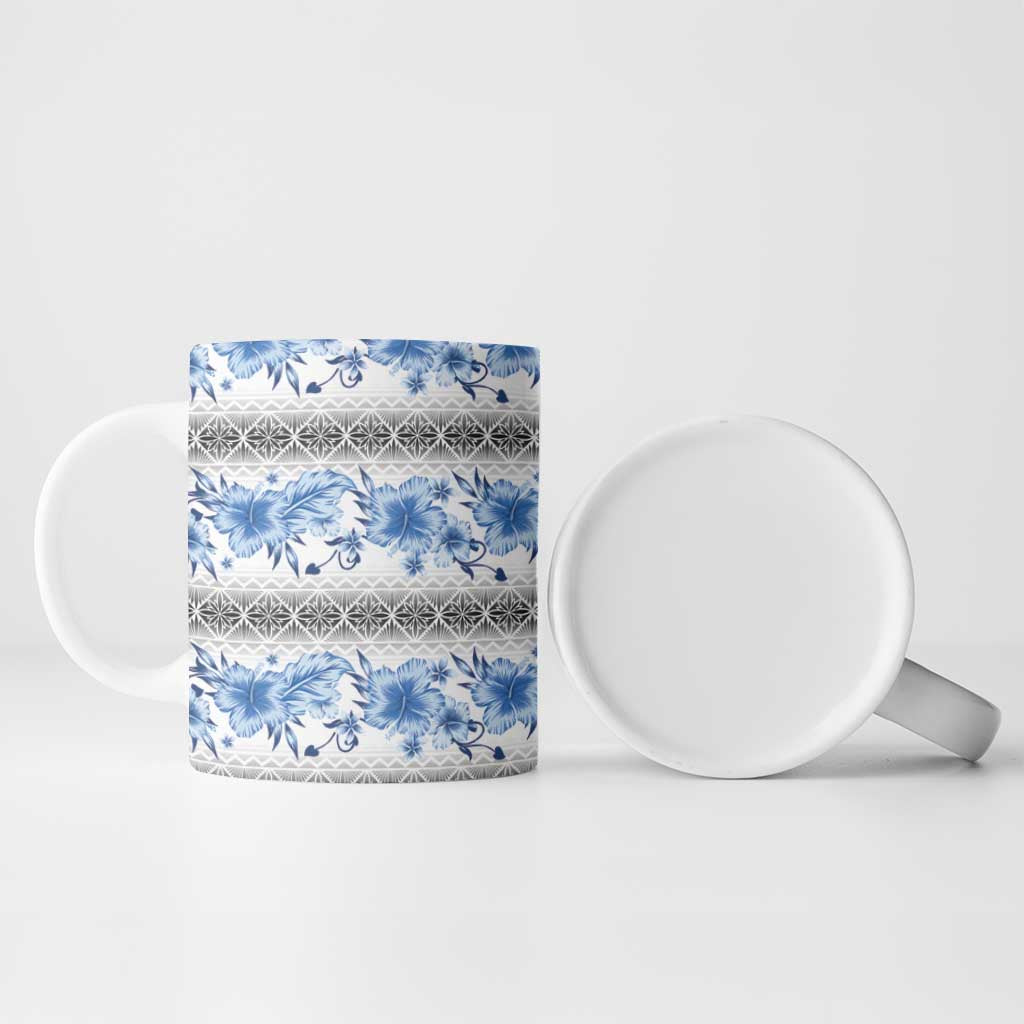 Samoa White Sunday Ceramic Mug Samoan Tapa Blue Hibiscus - Polynesian Pride