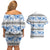 Samoa White Sunday Couples Matching Off Shoulder Short Dress and Hawaiian Shirt Samoan Tapa Blue Hibiscus - Polynesian Pride