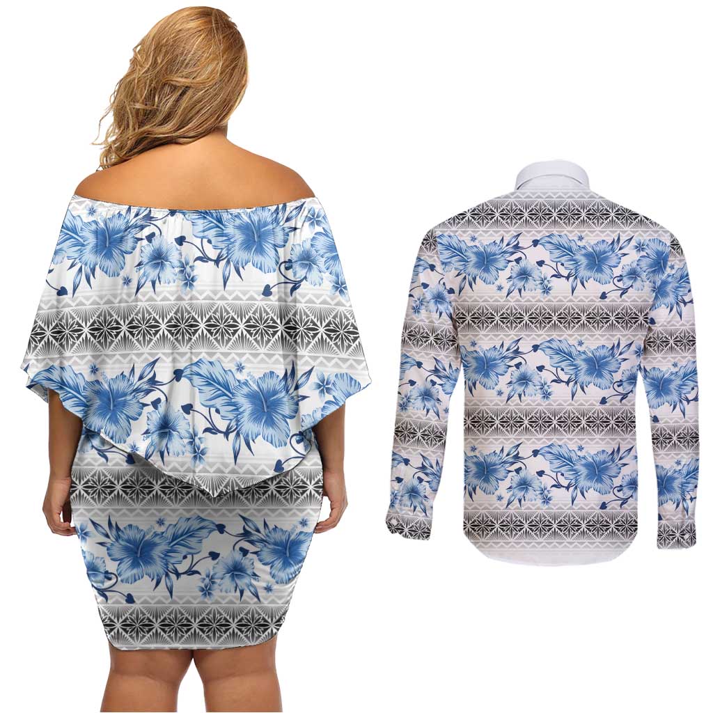 Samoa White Sunday Couples Matching Off Shoulder Short Dress and Long Sleeve Button Shirt Samoan Tapa Blue Hibiscus - Polynesian Pride