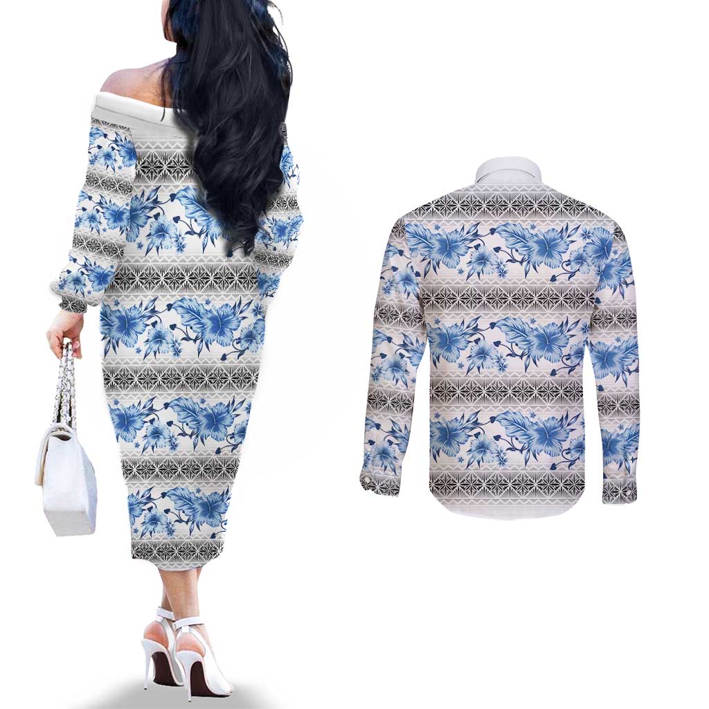 Samoa White Sunday Couples Matching Off The Shoulder Long Sleeve Dress and Long Sleeve Button Shirt Samoan Tapa Blue Hibiscus - Polynesian Pride