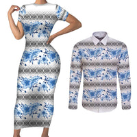 Samoa White Sunday Couples Matching Short Sleeve Bodycon Dress and Long Sleeve Button Shirt Samoan Tapa Blue Hibiscus - Polynesian Pride